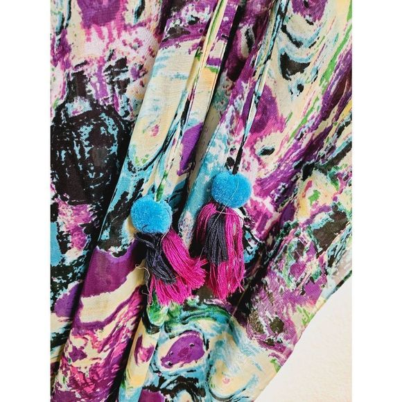 Tropical Kimono Multicolor Swim Cover Open Tie Front Duster One Size Fits Most - Picture 3 of 8